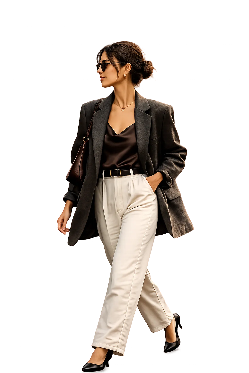 Stylish woman stepping out of the iLea app in a deep-wine coat
