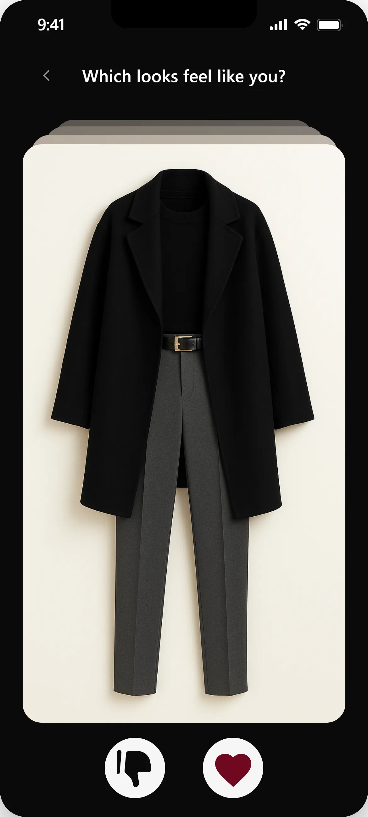 iLea's swipe quiz: an outfit card with like and pass buttons